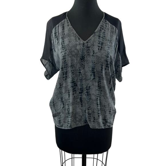 EILEEN FISHER Gray Black Blouse Top Silk Snake Print Deep V-Neck Petite Small PS - Picture 1 of 9